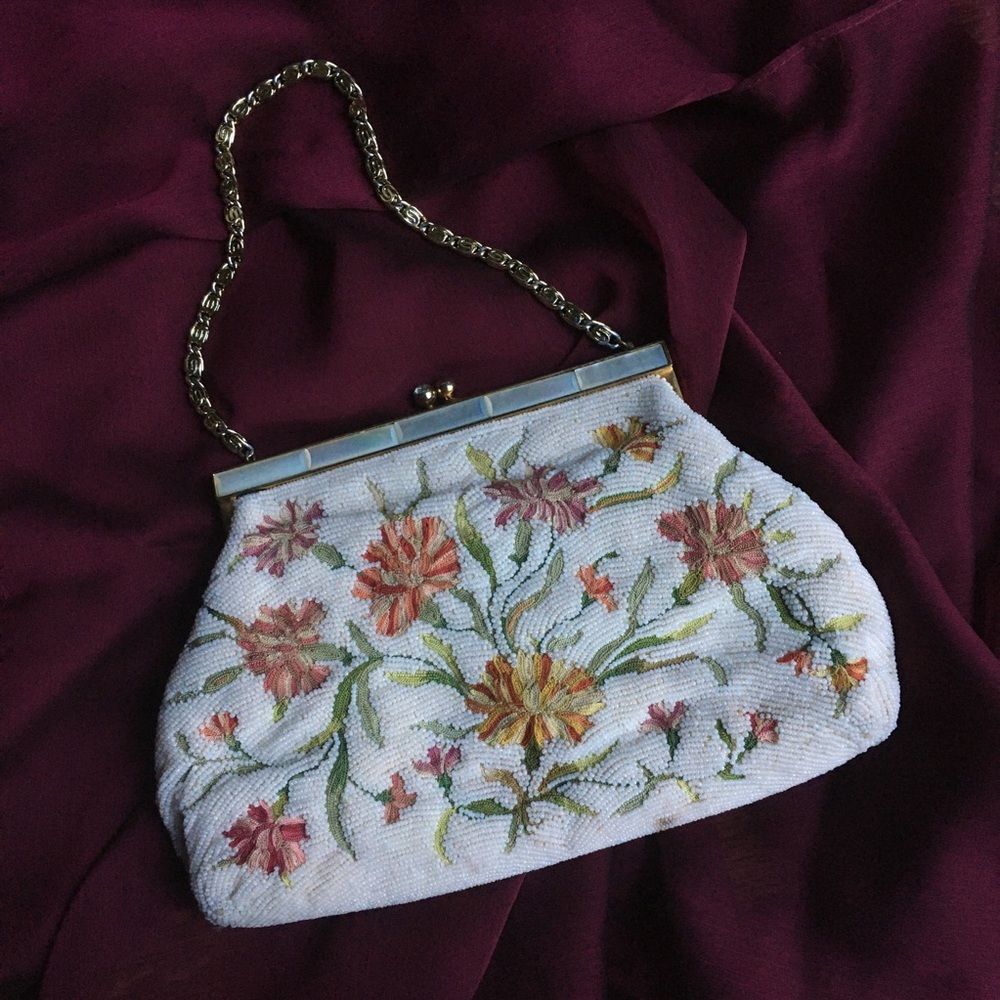 French Antique Purse, Beaded Floral Embroidery